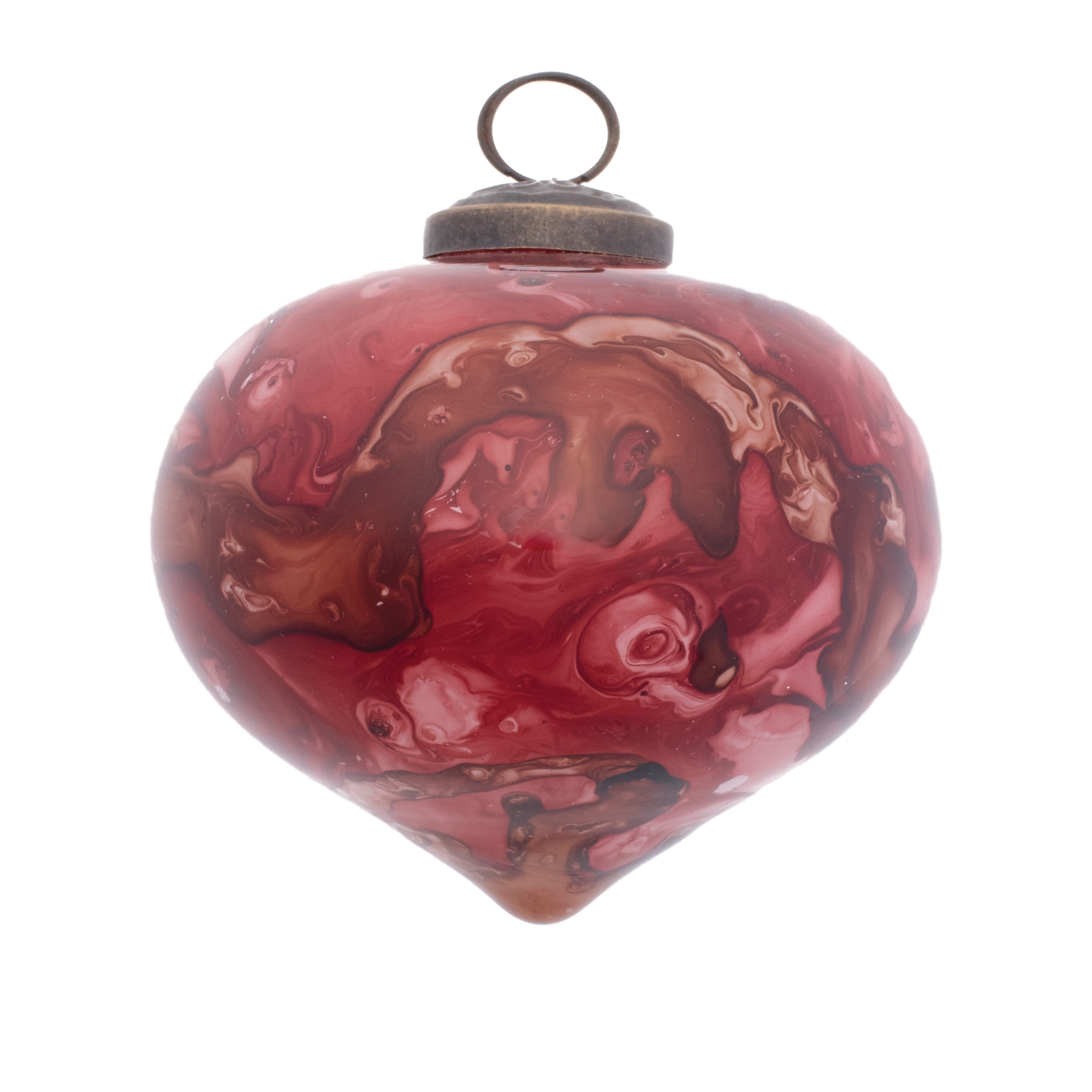 Red Marble Painted Glass Ball & Onion Christmas Ornaments Set with Brass Caps